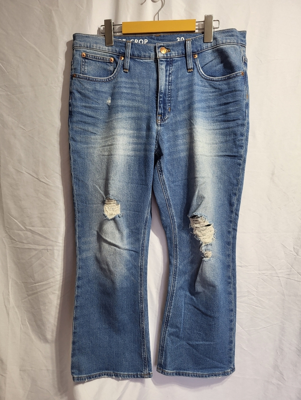 J Crew Distressed Light Blue Demi Boot Crop Jeans, Size 30